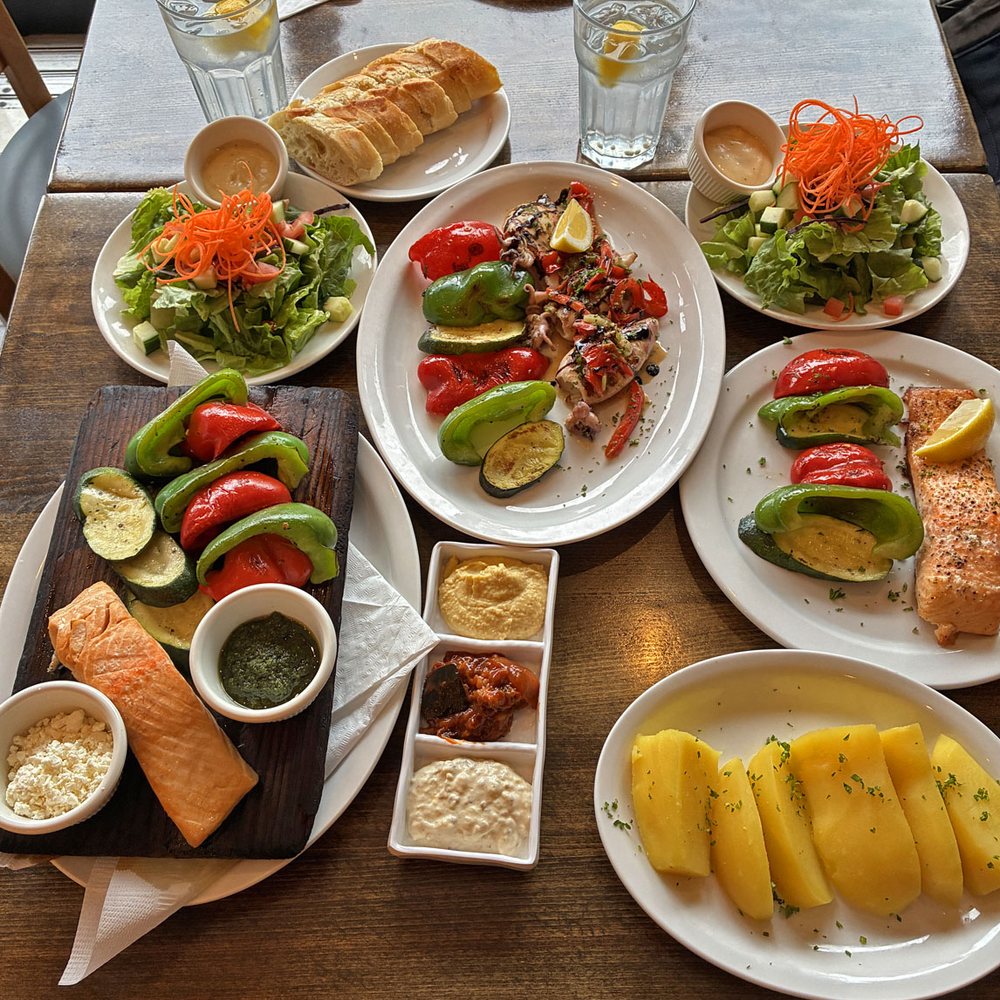 Wild Oregano - House Salads, Grilled Calamari, Cedar Plank Salmon, Roasted Salmon with Lemon Garlic Sauce, Grilled Vegs, Lemon Potatoes - Greek Near Me - Toronto, Ontario