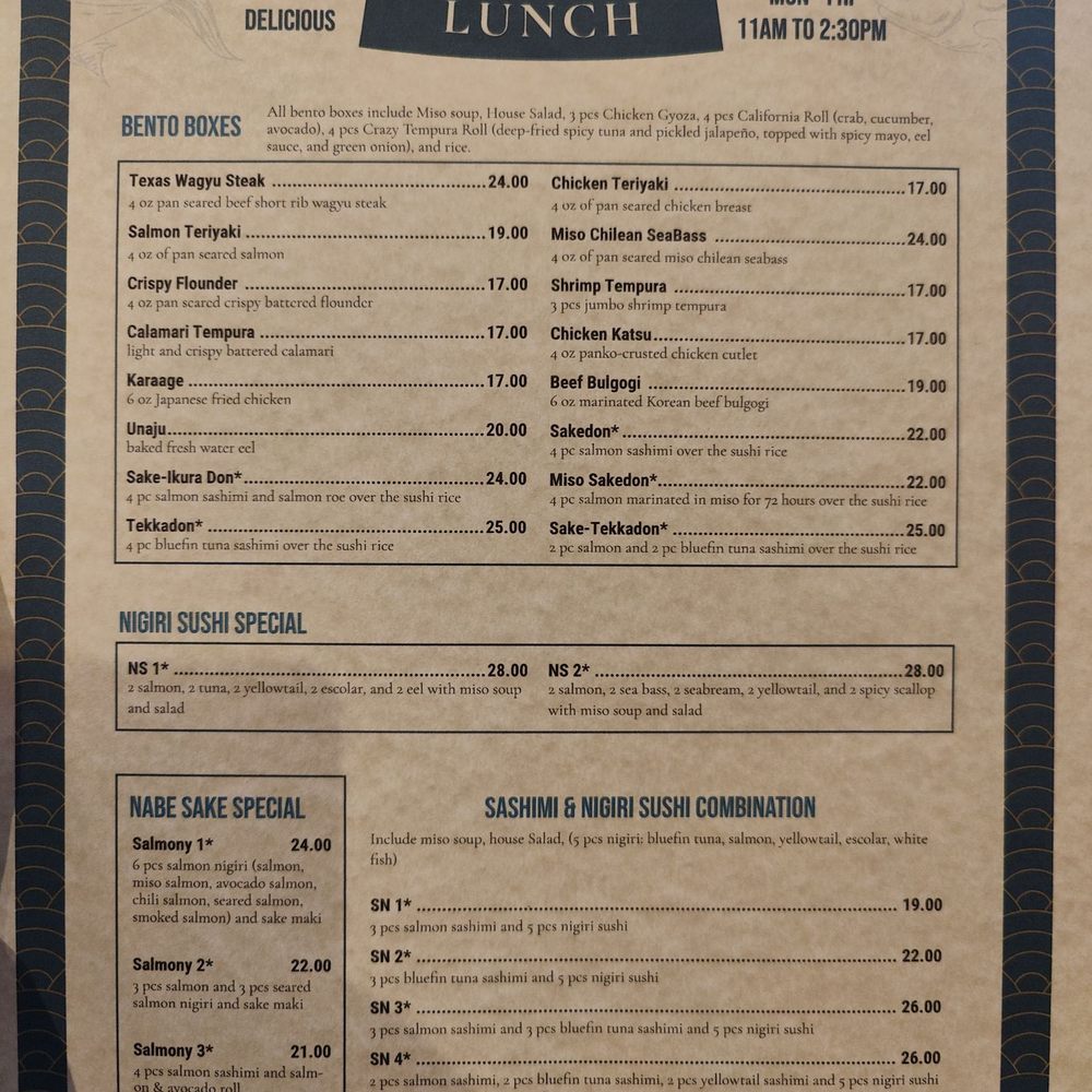 Nabe Sushi - Lunch Bento Box menu - Japanese Near Me - Austin, Texas