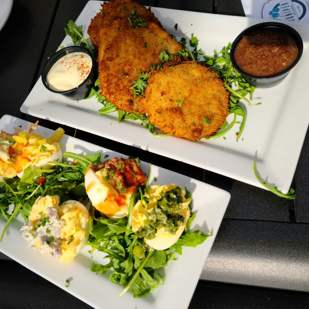 Juniper on Main - Flight of Deviled Eggs & Fried Green Tomatoes Apps - Southern Near Me - Carmel, Indiana Juniper on Main - Flight of Deviled Eggs & Fried Green Tomatoes Apps - Southern Near Me - Carmel, Indiana