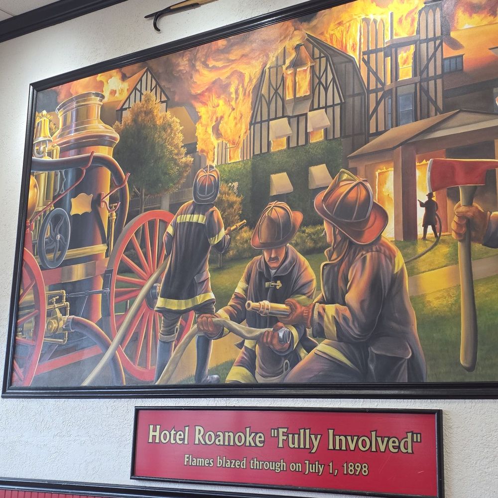 Firehouse Subs - The extremely large artwork of the Hotel Roanoke Fire with the Firefighters "extremely involved" in controlling the fire. - Sandwiches Near Me - Roanoke, Virginia Firehouse Subs - The extremely large artwork of the Hotel Roanoke Fire with the Firefighters "extremely involved" in controlling the fire. - Sandwiches Near Me - Roanoke, Virginia
