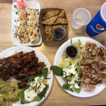 Teriyaki Time - Thai chicken plate & spicy chicken plate (left to right at the bottom), tempura roll & potstickers (left to right at the top) - Japanese Near Me - Elk Grove, California Teriyaki Time - Thai chicken plate & spicy chicken plate (left to right at the bottom), tempura roll & potstickers (left to right at the top) - Japanese Near Me - Elk Grove, California