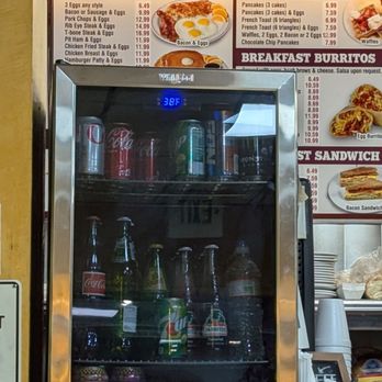 Harry's Cafe - Menu board 9/14/24 and drink cooler for can and bottled drinks - Breakfast & Brunch Near Me - Stanton, California