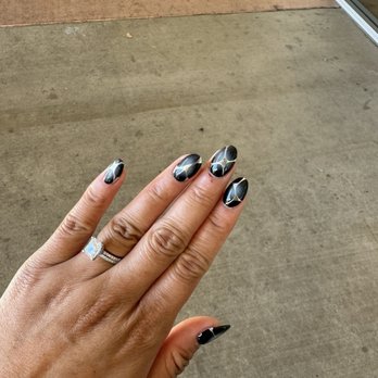 Orange Nail Bar - Gel builder full set by Moon!  Gorgeous blue/black aura airbrush and silver metal design. - Nail Salons Near Me - Sunnyvale, California