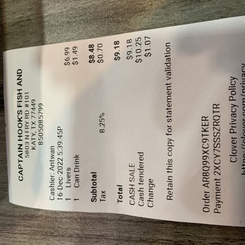 Captain Hook's - Receipt, prices are great too. - Seafood Near Me - Katy, Texas Captain Hook's - Receipt, prices are great too. - Seafood Near Me - Katy, Texas