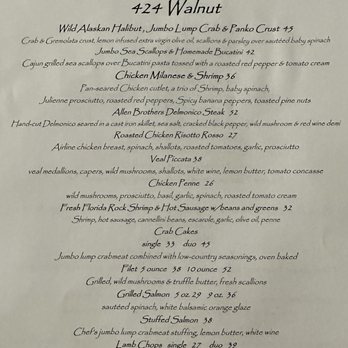 424 Walnut - Dinner menu of entrees - 10/2023 - Italian Near Me - Sewickley, Pennsylvania