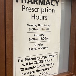 Pharmacy hours, please note they close for lunch.