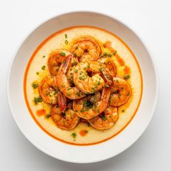 Creamy grits topped with seasoned, spicy shrimp and herbs
