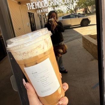 The Hood Grind Coffee - Three shots of espresso with sugar-free white chocolate, mocha with almond milk, and vanilla cold foam and cinnamon - Coffee & Tea Near Me - Rialto, California