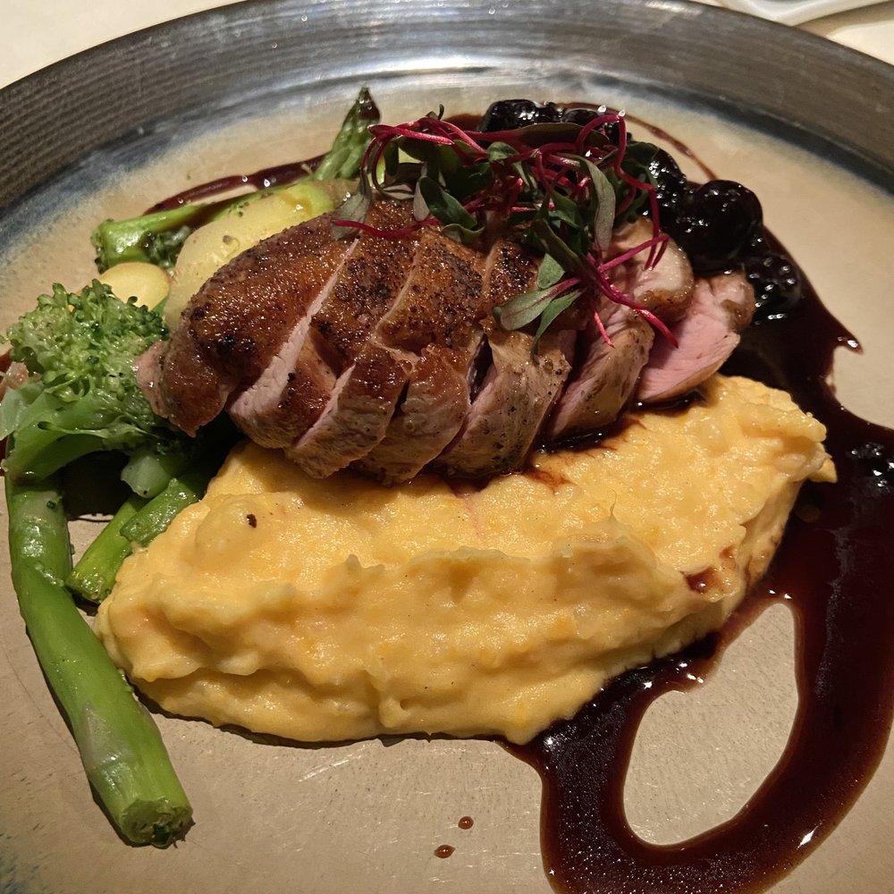 NoJa - Seared duck breast with cherry balsamic reduction NOJA potatoes and vegetable medley. Absolutely amazing! - New American Near Me - Mobile, Alabama NoJa - Seared duck breast with cherry balsamic reduction NOJA potatoes and vegetable medley. Absolutely amazing! - New American Near Me - Mobile, Alabama