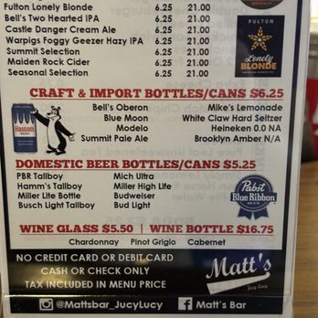 Matt's Bar - Beverage menu - Burgers Near Me - Minneapolis, Minnesota