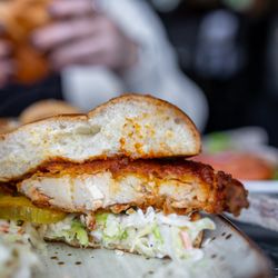 Laughing Monk Brewing - Nashville Chicken Sandwich cross-section