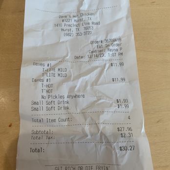 Dave's Hot Chicken - Receipt - Chicken Shop Near Me - Hurst, Texas