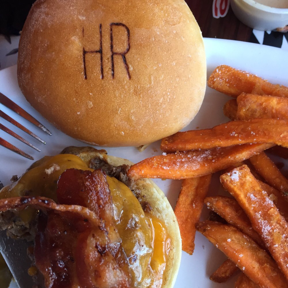 Hotrodders Cafe - Bacon cheddar burger with house baked bun and hand cut sweet potato fries. - American Near Me - Chesapeake, Virginia Hotrodders Cafe - Bacon cheddar burger with house baked bun and hand cut sweet potato fries. - American Near Me - Chesapeake, Virginia