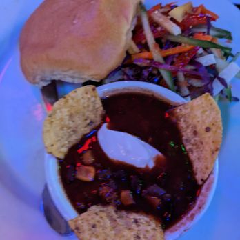 Blue Chair - Veggie burger with bean and corn soup - Music Venues Near Me - Edmonton, Alberta Blue Chair - Veggie burger with bean and corn soup - Music Venues Near Me - Edmonton, Alberta