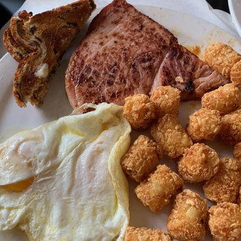 Skillet - Country Plate, with tots and thick piece of ham. - Breakfast & Brunch Near Me - Weymouth, Massachusetts Skillet - Country Plate, with tots and thick piece of ham. - Breakfast & Brunch Near Me - Weymouth, Massachusetts
