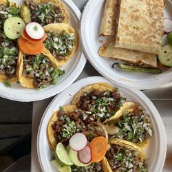 Taqueria Los Agaveros - Chicken quesadilla, Pastor and fajita tacos