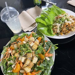 Yafay Wellness - Thai Noodle Salad (with tofu), Chicken Lettuce wraps, and organic all natural lemonade.