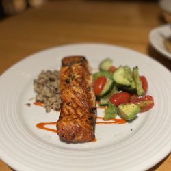 Pinstripes - Maple glazed salmon with Mediterranean grains and a cucumber/tomato salad.