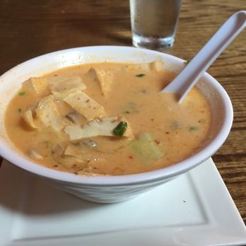 C'est Bien Thai - Tom kha soup with tofu - more red than I was expecting but very tasty and a healthy sized single serving - Thai Near Me - Chicago, Illinois
