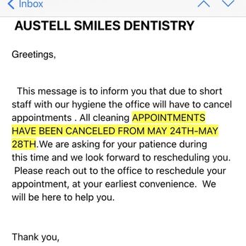 Austell Smiles Dentistry - This is how they cancel your appointment that was scheduled months ago. - General Dentistry Near Me - Austell, Georgia
