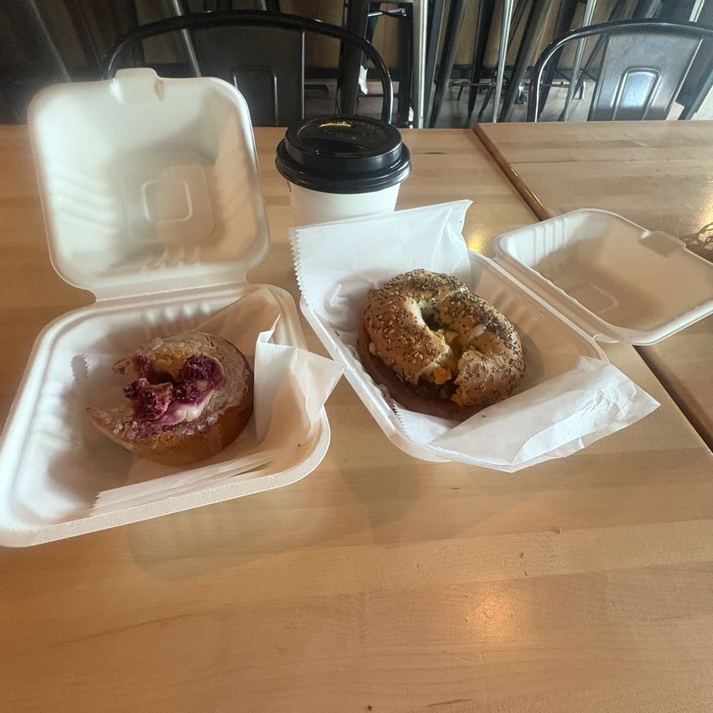 Clean space , great food and affordable. I had the bagel (sausage and cheese) and it's delicious. Clean space , great food and affordable. I had the bagel (sausage and cheese) and it's delicious.