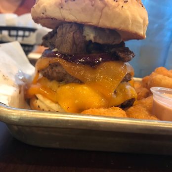 Angus Grill - Steak Burger w/ Tots (side view) - Burgers Near Me - Wilmington, North Carolina
