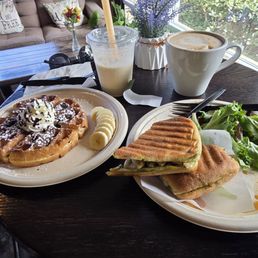 Nutella waffle and chicken pesto with milkshake and cappachino. Nutella waffle and chicken pesto with milkshake and cappachino.