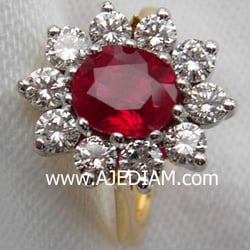 Ajediam - Pigeon red ruby and diamonds ring bi-tone 18K gold. Master goldsmith handcrafted.