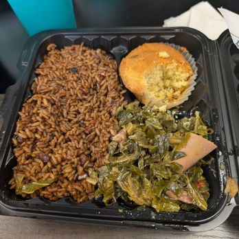 Sundays Eatery - Peas and rice, collard greens, and a partially eaten piece of cornbread - Soul Food Near Me - Miami Gardens, Florida
