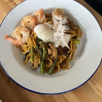 Hat Yai - phuket hokkien noodles: stir-fried egg noodles, dried shrimp, shiitake mushrooms, asparagus, shallots, and poached egg = $13 - Thai Near Me - Portland, Oregon Hat Yai - phuket hokkien noodles: stir-fried egg noodles, dried shrimp, shiitake mushrooms, asparagus, shallots, and poached egg = $13 - Thai Near Me - Portland, Oregon