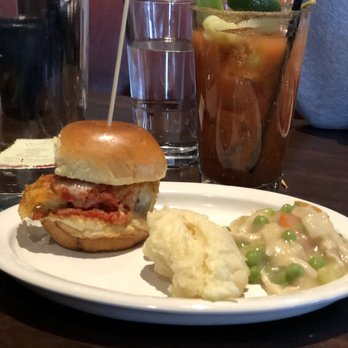 Tavern in the Square - Eggplant slider, chicken pie, mashed potatoes, and Bloody Mary - New American Near Me - Lowell, Massachusetts Tavern in the Square - Eggplant slider, chicken pie, mashed potatoes, and Bloody Mary - New American Near Me - Lowell, Massachusetts