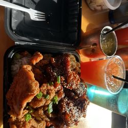 Aina Hawaiian - Ono chicken, da KFC, and kalibi short ribs accompanied with their Moscow mule and Orange bang.
