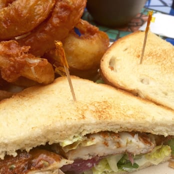 Encinitas Fish Shop - Grilled Halibut Blackened and with Chipotle Glaze on Sourdough.  Onion Rings.  Yum. - Seafood Near Me - Encinitas, California