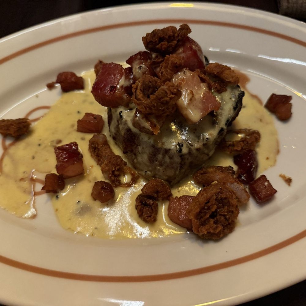 Hemlock - Filet mignon with bacon truffle hollandaise sauce and crispy shallot on top. - Steakhouses Near Me - Boise, Idaho Hemlock - Filet mignon with bacon truffle hollandaise sauce and crispy shallot on top. - Steakhouses Near Me - Boise, Idaho