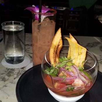 Maison Pucha Bistro - Ecuadorian shrimp ceviche and beso de primavera (drink) - French Near Me - Houston, Texas Maison Pucha Bistro - Ecuadorian shrimp ceviche and beso de primavera (drink) - French Near Me - Houston, Texas