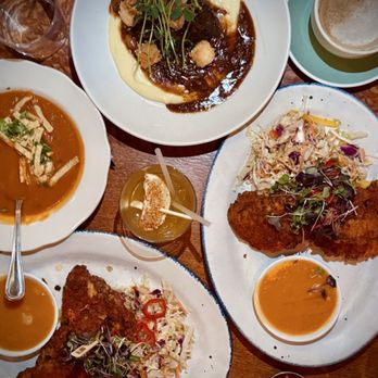 Beatrix - Streeterville - Vegan Tortilla Soup (left), French Onion Short Rib (top), Korean Fried Chicken Tenders (right and bottom). - New American Near Me - Chicago, Illinois Beatrix - Streeterville - Vegan Tortilla Soup (left), French Onion Short Rib (top), Korean Fried Chicken Tenders (right and bottom). - New American Near Me - Chicago, Illinois