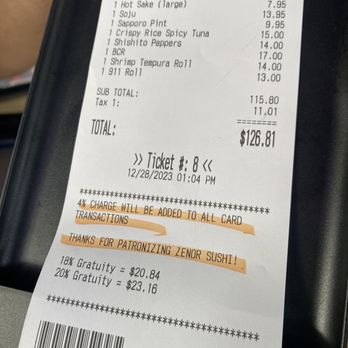 Zenor Sushi - 4% charge is added to all cc transactions - Sushi Bars Near Me - Granada Hills, California Zenor Sushi - 4% charge is added to all cc transactions - Sushi Bars Near Me - Granada Hills, California