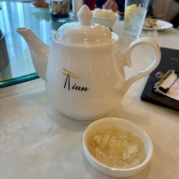 Golden Palace - chrysanthemum tea with side of crystal sugar - Dim Sum Near Me - Austin, Texas