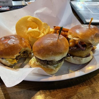 Flight Burger - Left to right: classic cheeseburger, fire burger, and the western - Burgers Near Me - Carmel, Indiana