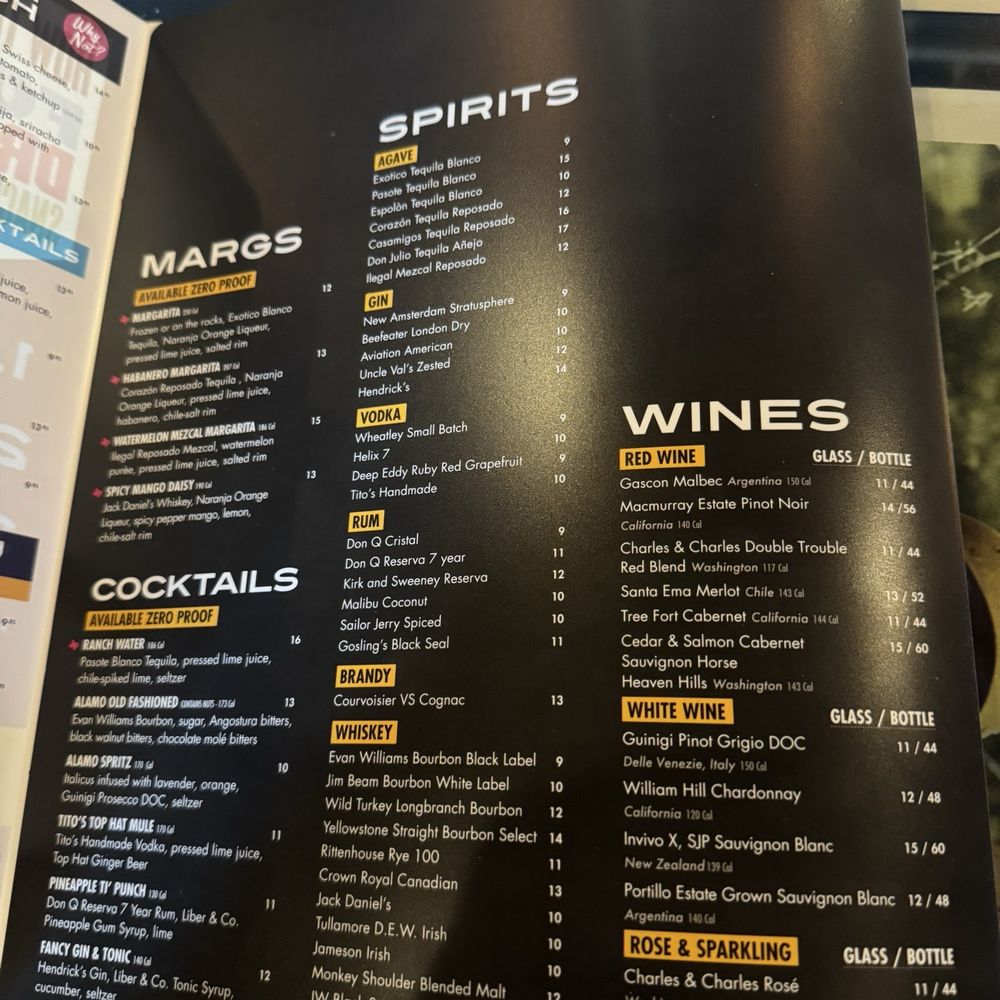 Wine and spirits menu