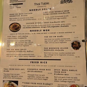 Thai Table  - Menu 12/25/2025 - Thai Near Me - Berkeley, California