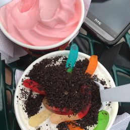 the top is bubblegum soft serve in a cup, the bottom is dirt and worms (custard with oreo and gummy worm toppings) the top is bubblegum soft serve in a cup, the bottom is dirt and worms (custard with oreo and gummy worm toppings)