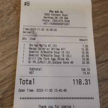 Pho Dac Biet  - A modest pre-tip lunch bill for our party of 5 -  $118.31 CAD or $87.00 USD. - Vietnamese Near Me - Markham, Ontario