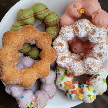 TOMO Tea House - Funnel cake (powder sugar on top), churro, strawberry (pink), matcha (green), cereal sprinkles (white with colorful flakes), ube. - Coffee & Tea Near Me - Alameda, California TOMO Tea House - Funnel cake (powder sugar on top), churro, strawberry (pink), matcha (green), cereal sprinkles (white with colorful flakes), ube. - Coffee & Tea Near Me - Alameda, California