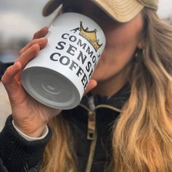 Common Sense Coffee - A customer drinking Common Sense Coffee from a Common Sense Coffee Tumbler.