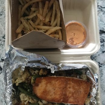 Aperitivo - Salmon with Brussel Sprouts and Truffle Fries - Coffee & Tea Near Me - Boulder, Colorado