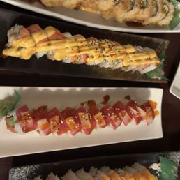 From bottom to top 108. Alaskan Roll 110. Spicy Hawaiian Roll 107. Red Devil Roll 113. Las Vegas Roll From bottom to top 108. Alaskan Roll 110. Spicy Hawaiian Roll 107. Red Devil Roll 113. Las Vegas Roll