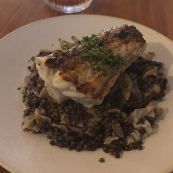 Alewife - Monk Fish w/Beluga black lentils, shiitake, and cabbage.  Fantastic! - Seafood Near Me - Richmond, Virginia