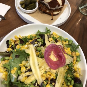 Mr West Cafe Bar Downtown - Summer corn salad and pulled pork sandwich - Bars Near Me - Seattle, Washington Mr West Cafe Bar Downtown - Summer corn salad and pulled pork sandwich - Bars Near Me - Seattle, Washington