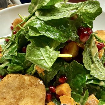 Village Taverna - Callon, sweet potato salad, with fried cheese and pomegranate - Greek Near Me - New York, New York Village Taverna - Callon, sweet potato salad, with fried cheese and pomegranate - Greek Near Me - New York, New York